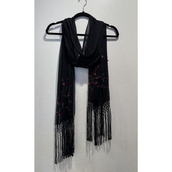 Unbranded Sequin Embellished Beaded Fringe Black Rectangle Scarf Y2K 90s Boho